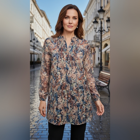 Chadwicks Tops - Multicolor Sheer Boho Floral Tunic Top Office Whimsy V-Neck Topper L